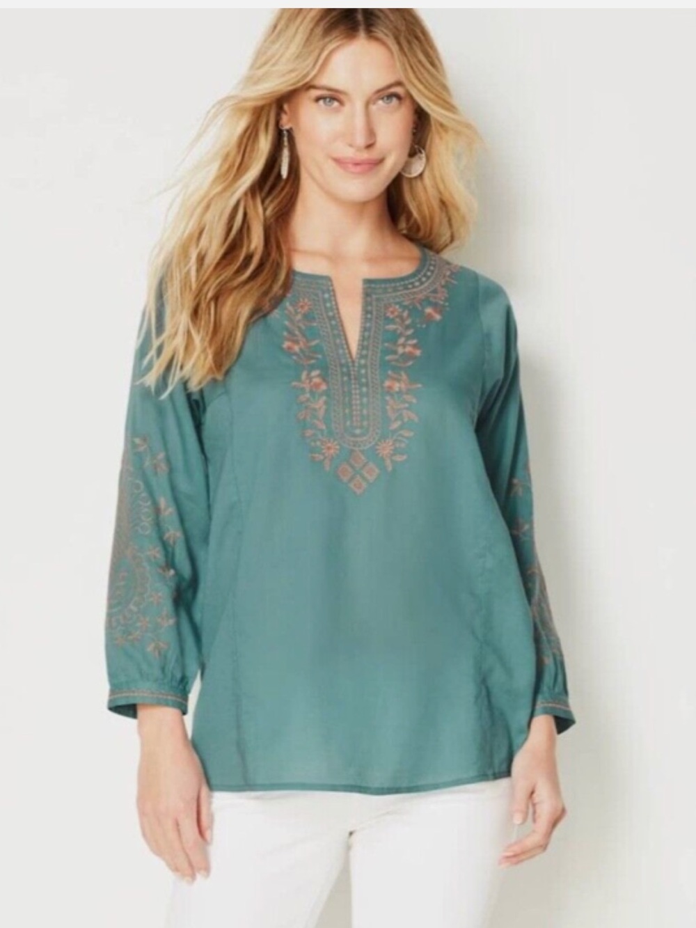 J. Jill Teal Embroidered V-Neck Tunic